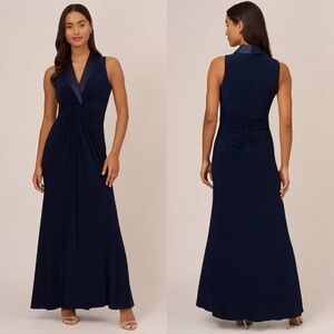 ADRIANNA PAPELL MIDNIGHT BLUE JERSEY TUXEDO SLEEVELESS FLOOR LENGTH GOWN DRESS